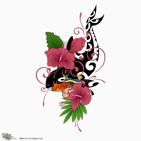 Orca and flowers (Dragon coverup) tattoo design thumbnail