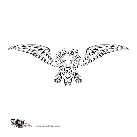 Winged jumping lion (Strength, courage) tattoo design thumbnail