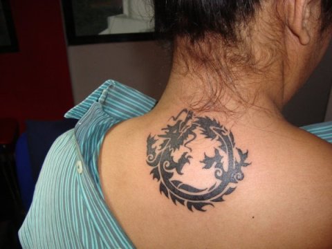 Anwesha - Feng shui dragon: real inked placement tattoo photo thumbnail