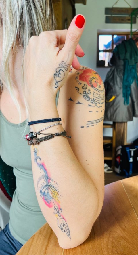 Barbara - Unalome, Ame: real inked placement tattoo photo thumbnail
