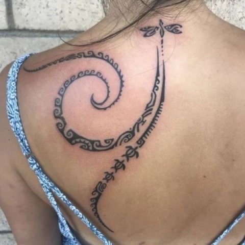 Jessica - SN dragonfly Polynesian: real inked placement tattoo photo thumbnail